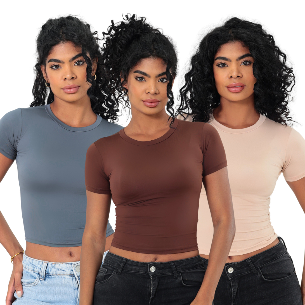 KIT 3: Baby Tee Feminina - Blusa Slim Fit Manga Curta - Blusa de Compressão · foto 2