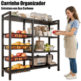 Carrinho Organizador de Frutas com Rodas, 120 x 32 x 135 cm, Multipropósito, 4 Prateleiras para Cozinha