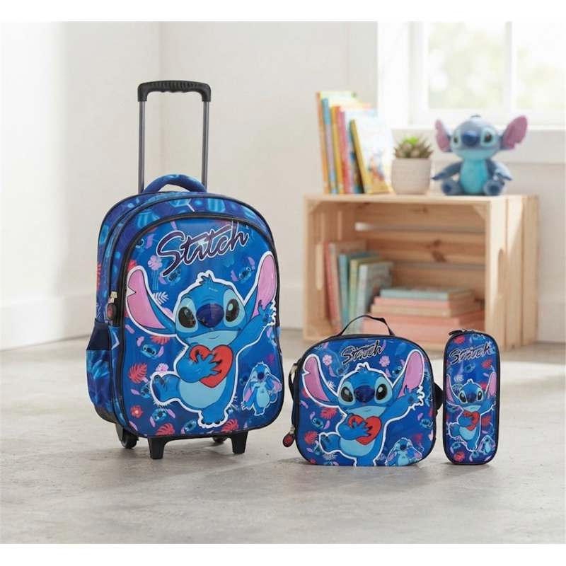Kit Mochila Stitch Rodinha Escolar Infantil Azul Bolsa Grande Térmica