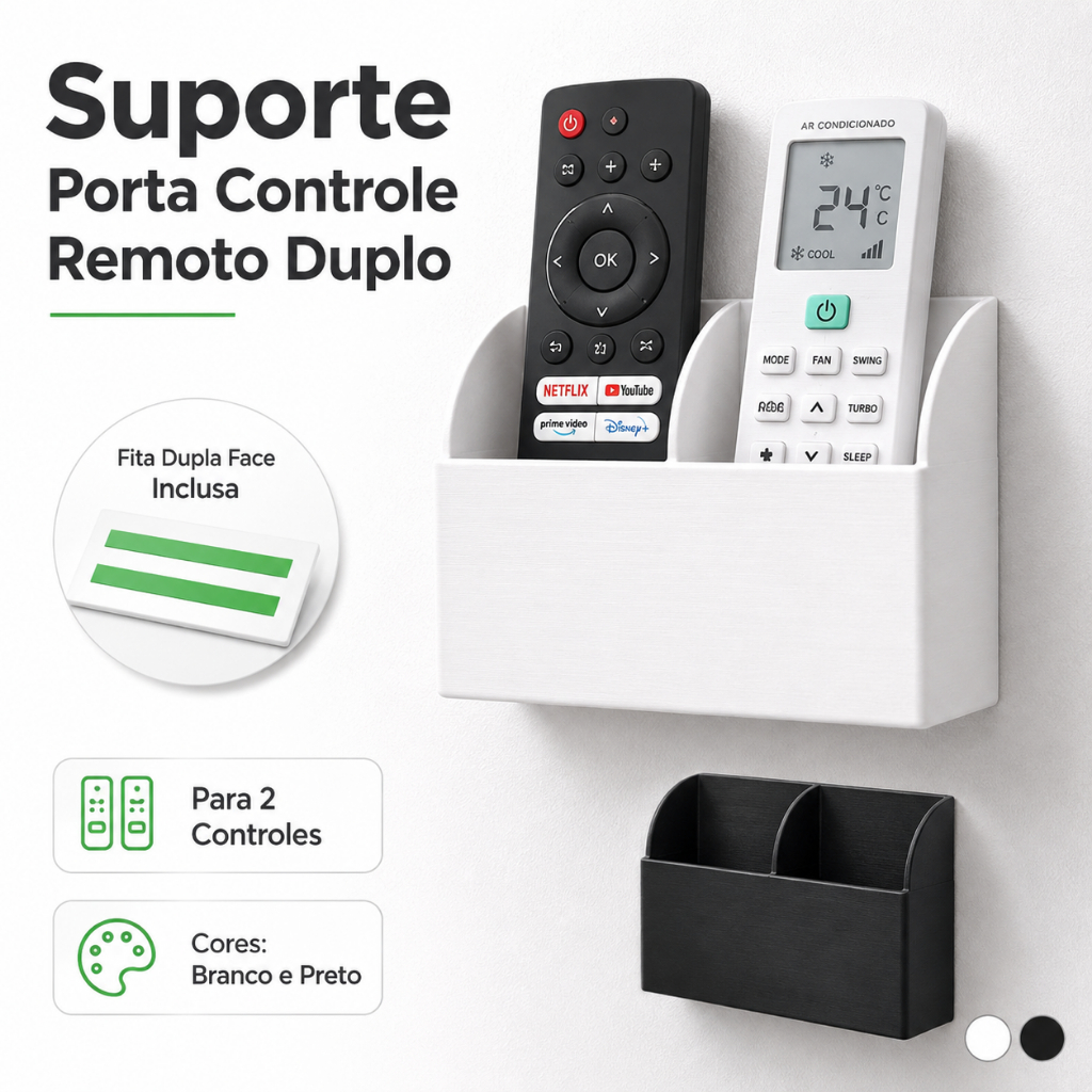 Suporte De Parede Duplo Porta Controle Remoto Ar Condicionado Tv Universal Organizador Ventilador Sem Furo