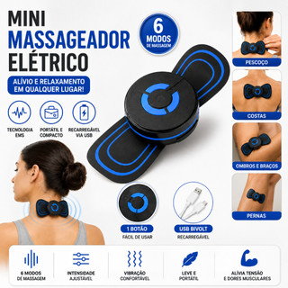 Mini Massageador Elétrico EMS Portátil Recarregável USB para Pescoço Corpo Bivolt 6 Modos