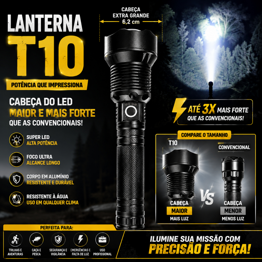 Lanterna Tática Militar T10 Recarregável Vigilante Porteiro Militar Camping Pesca Alta Luminosidade
