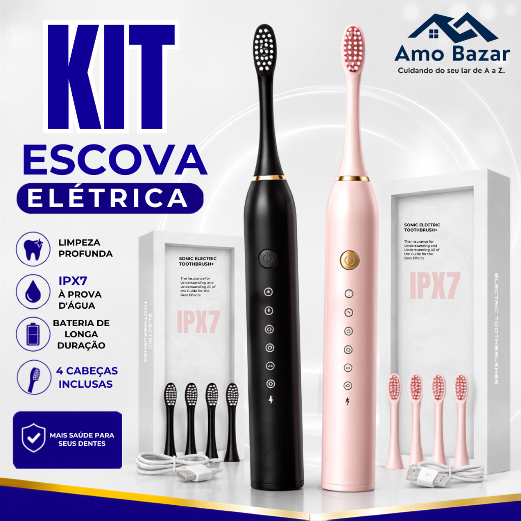 kit 2 Escova de dente Eletrica IPX7 recarregavel prova d’água