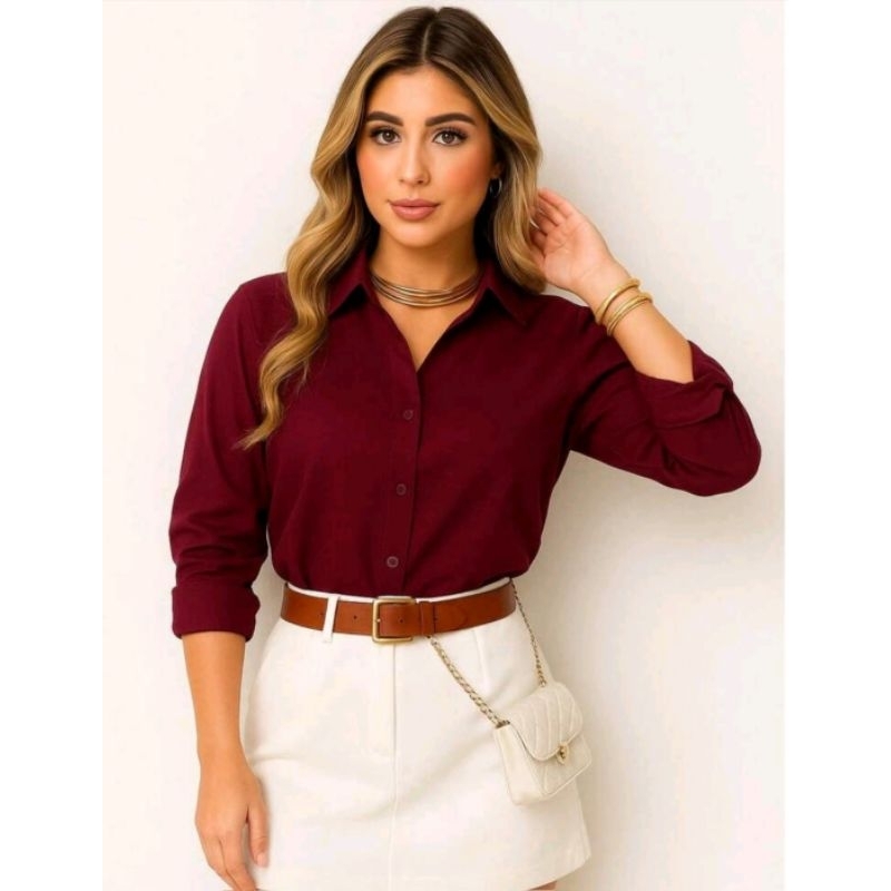 Camisa Blusa Social Feminina Manga Longa Com Botão em Crepinho - Seu Estilo em Destaque