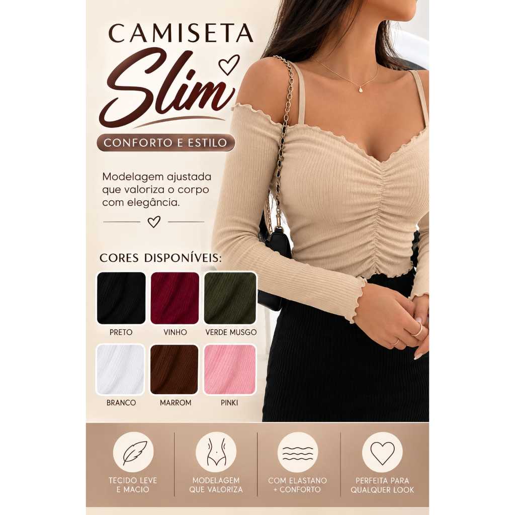 Blusa Slim Feminino Tricô Canelado Ombro a Ombro e Babado Manga Longa Estilo Coreano e Casual Confortável
