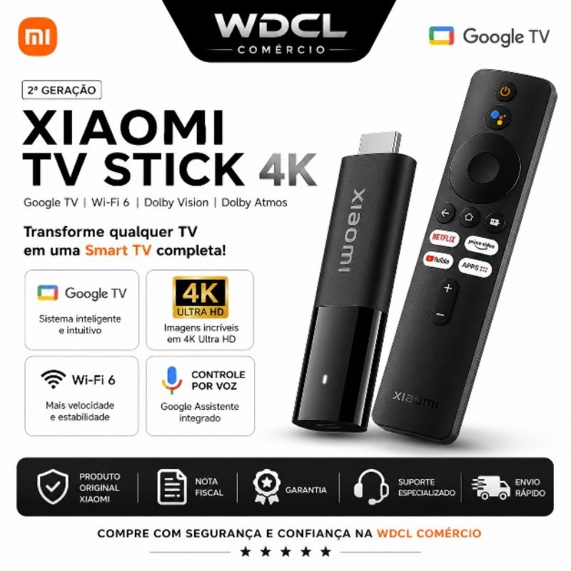 Xiaomi TV Stick 4K 2ª Geração Google TV Wi-Fi 6 Dolby Vision Original Xiaomi