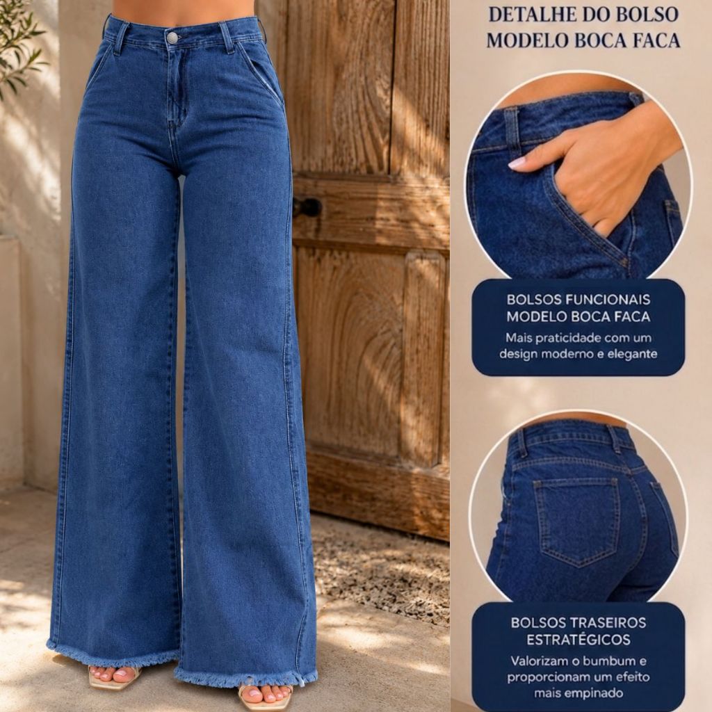 Calça Jeans Feminina Wide Leg Clara Cintura Alta Pantalona Empina Bumbum Com Bolso Faca