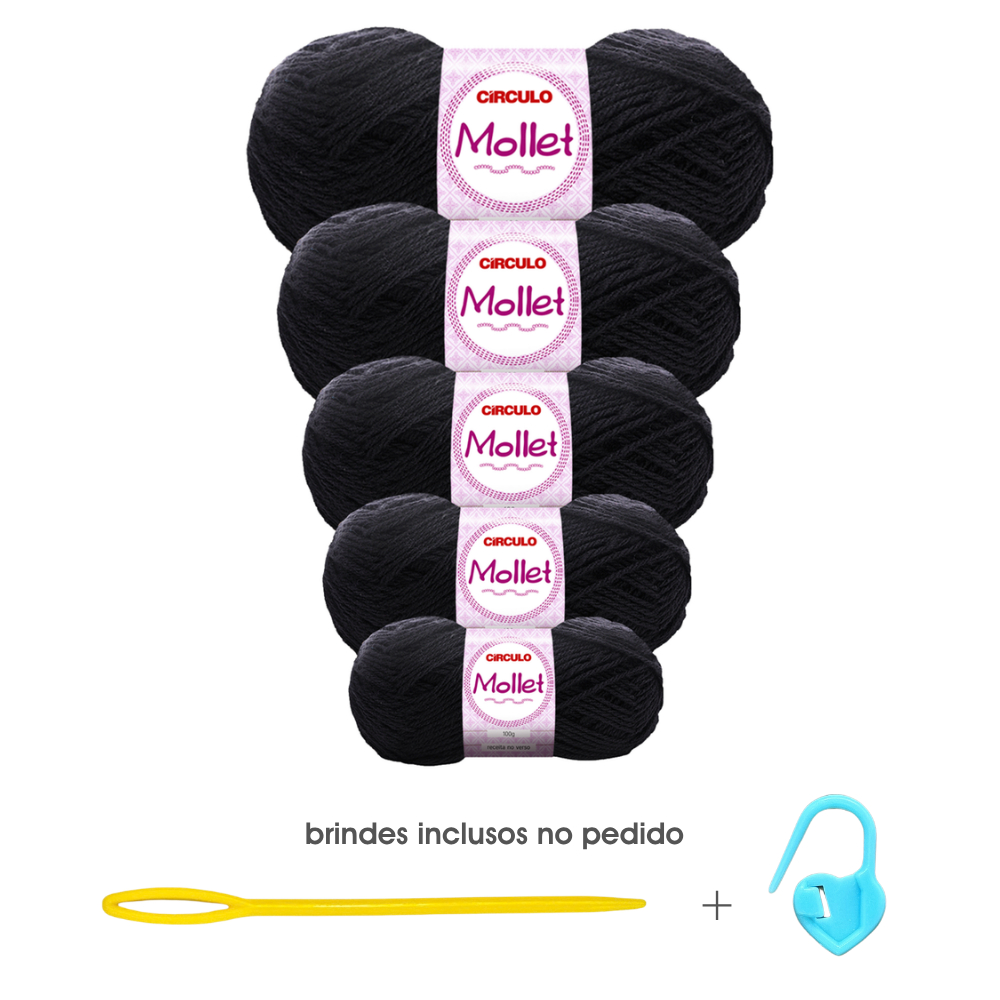 Kit 5 Novelos Fio Lã Mollet 100g Círculo - Cor 940 Preto - Tricô / Crochê + Agulha 9cm e Marcador Coração