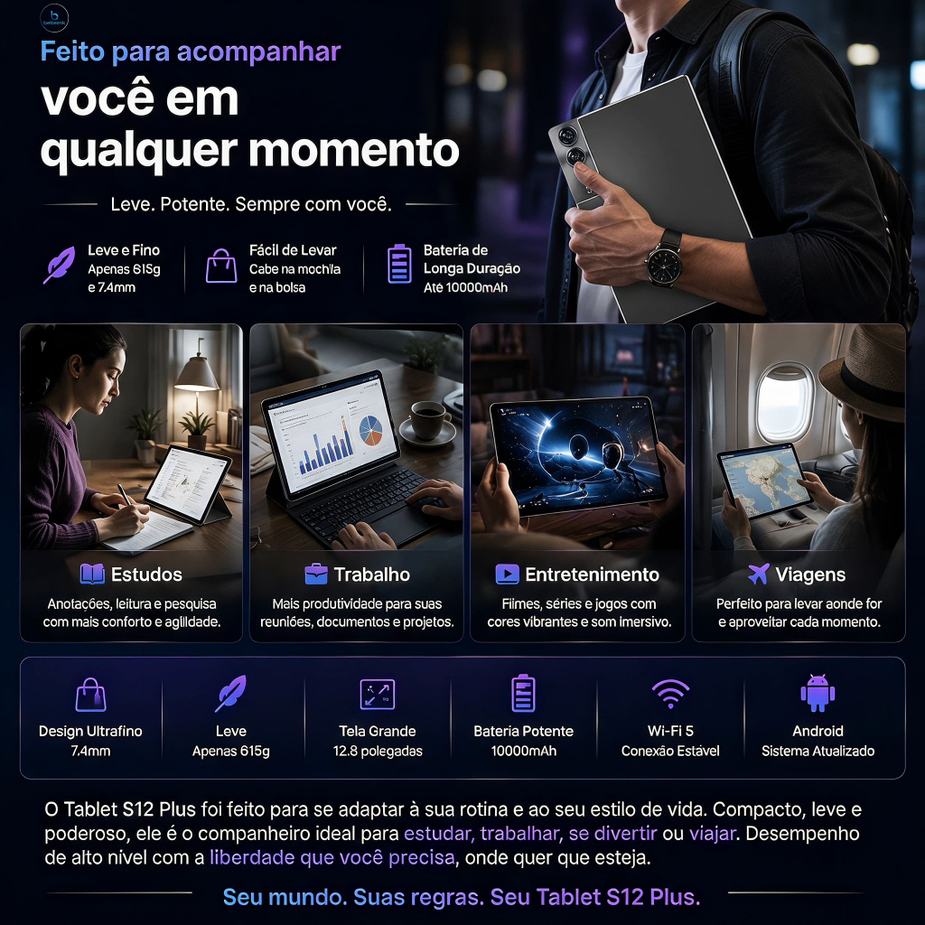 Tablet belteenk S12 Plus Android Tela Grande 12.8 FHD 16GB+512GB WiFi Uso Trabalho Estudo 12800mAh · foto 2