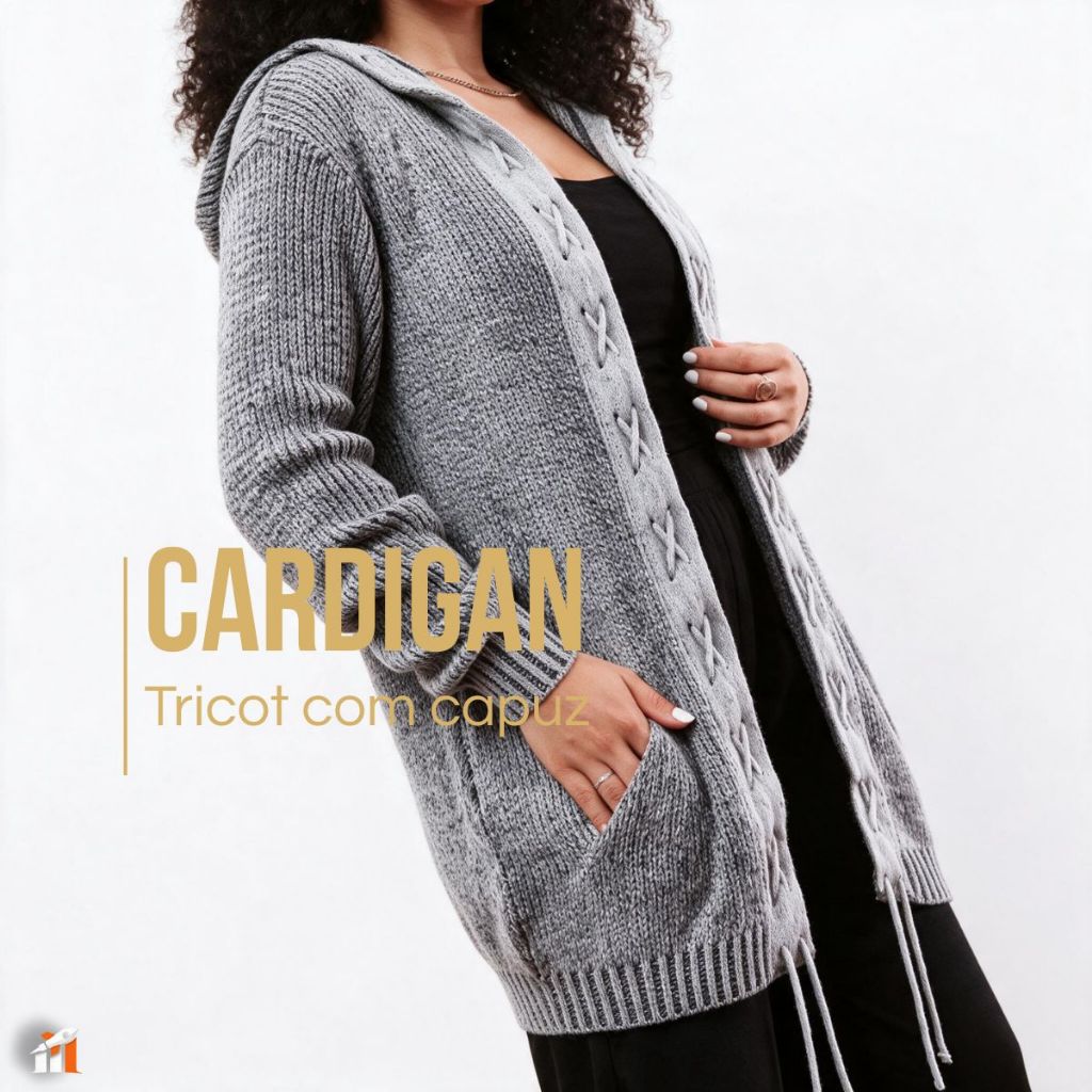 Casaco com Capuz Feminino Tricot Outono Inverno Tricô
