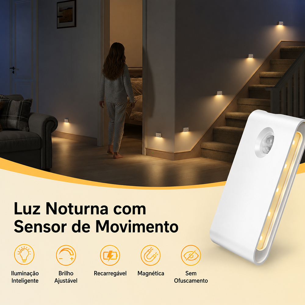 Luminária LED Sensor de Movimento 3 Cores USB-C Magnética para Escada Corredor Armário