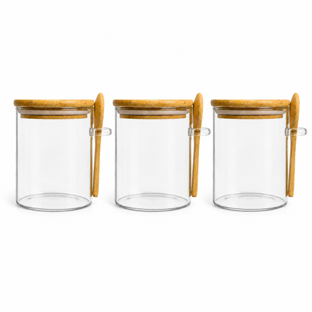 Kit 3 Potes Vidro Hermético Tampa Bambu Com Colher Mantimentos Cozinha Temperos 300ml 410ml e 440ml