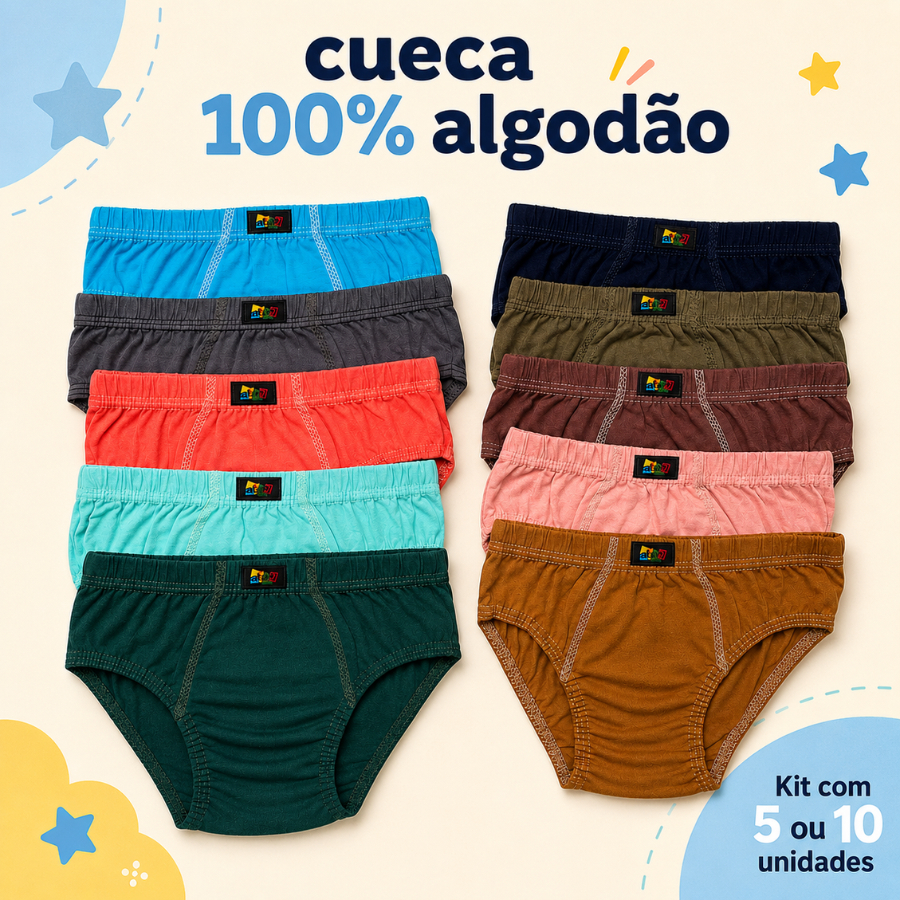 Cueca Infantil Menino 100% Algodão Com Forro Kit 5 ou 10 Tradicional Sortidas Criança Confortável Cuequinha