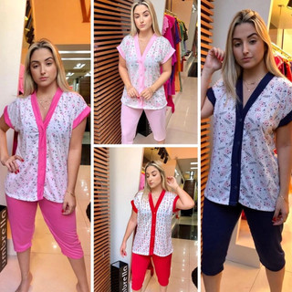 Pijama Pescador Aberto Com Botões Amamentação Pós Cirurgico Gestante Conjunto Feminino