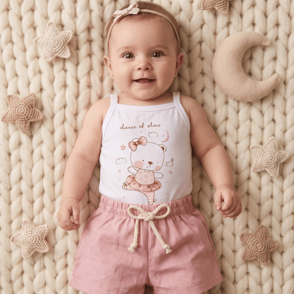 Conjunto Bebê Menina Infantil Body Regata Alcinha Ursinha 100% Algodão e Short em Linho Rosa