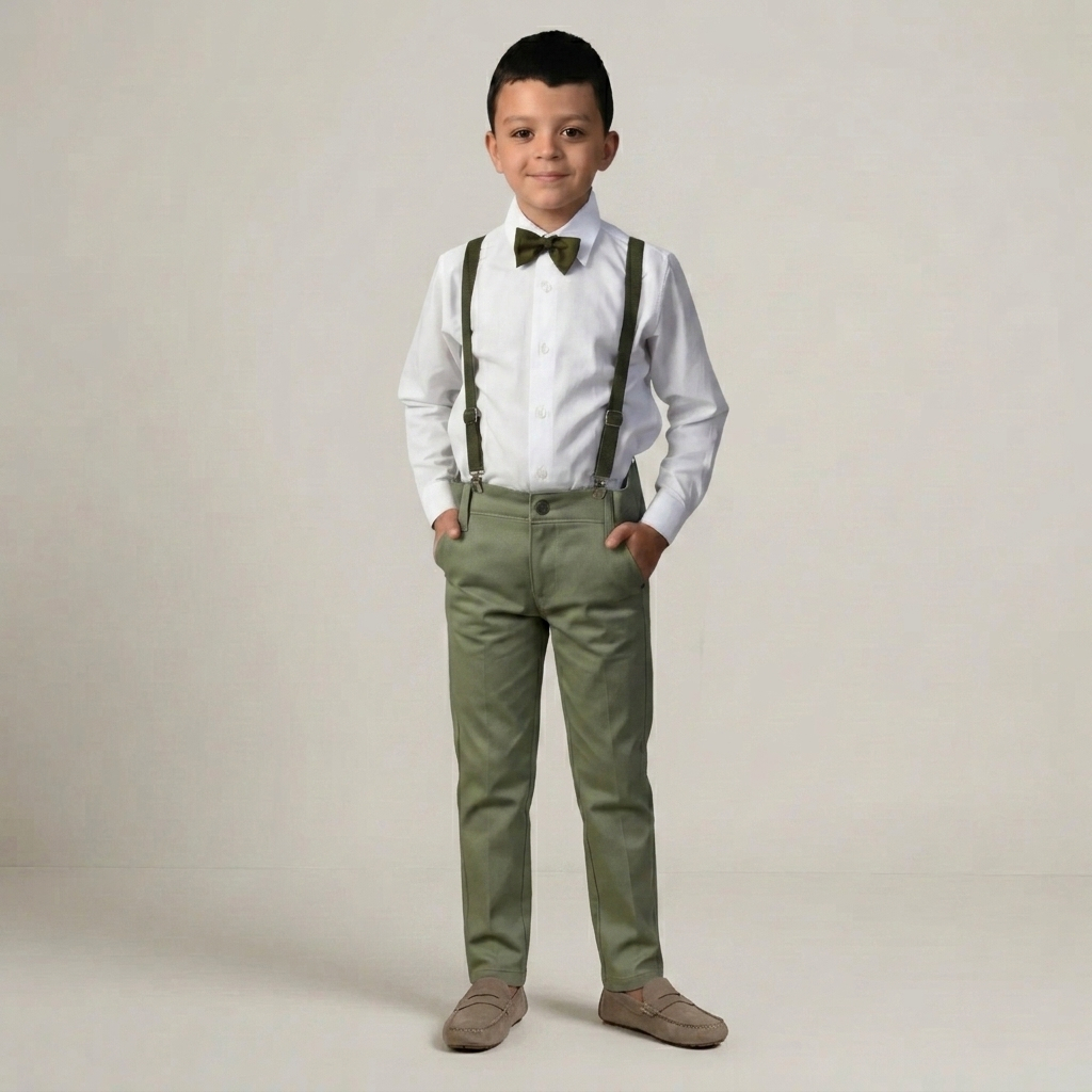 Conjunto Social Infantil Verde Oliva Menino Roupa Pajem Casamento Batizado Camisa Calça Suspensório 1 a 16 Anos
