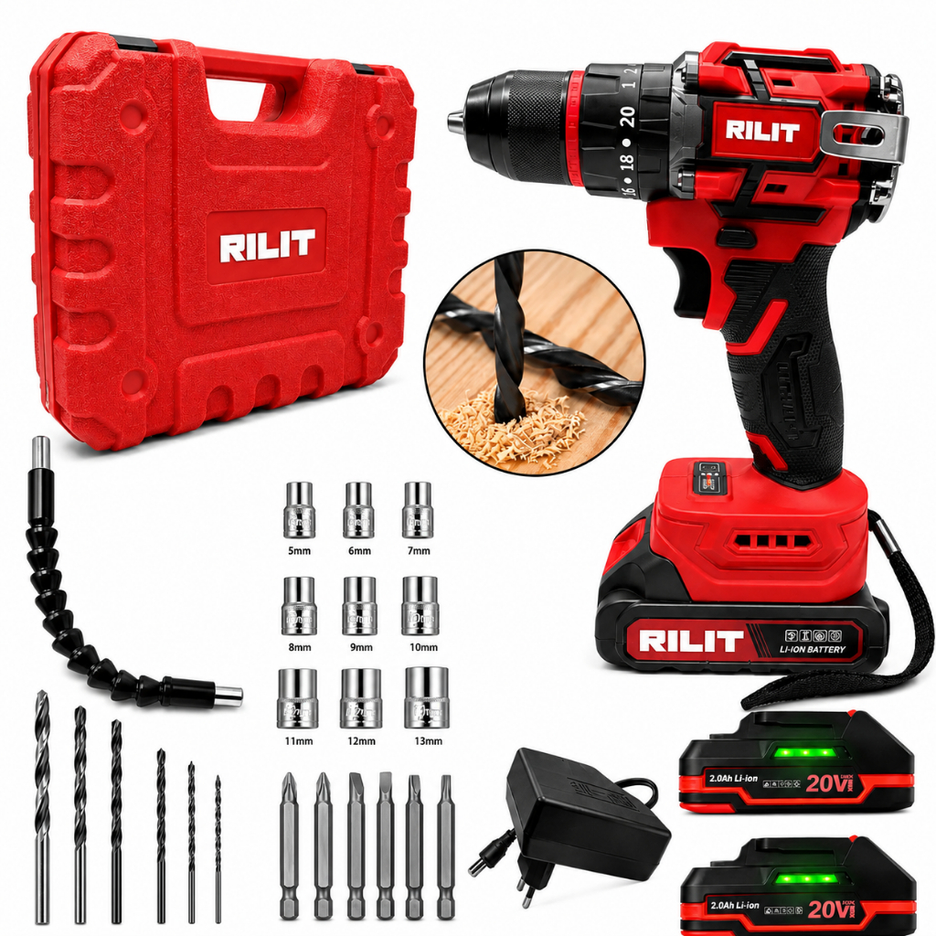 Parafusadeira Furadeira 21v Com Impacto Brushless RIlit + Maleta Com Acessórios