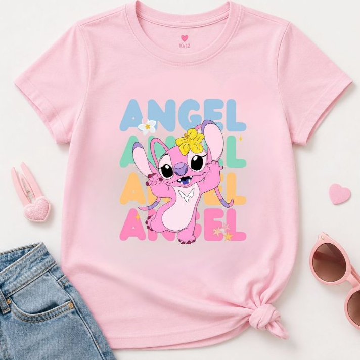 Camiseta Infantil Angel Desenho Infantil Meninas Stitch 100% Algodão Macio e Confortável Dia a dia