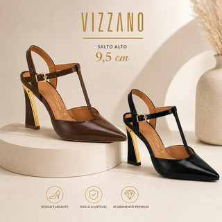 Scarpin Vizzano Feminino T-Strap Salto Alto Bico Fino Elegante Tiras Finas Detalhe Dourado Original