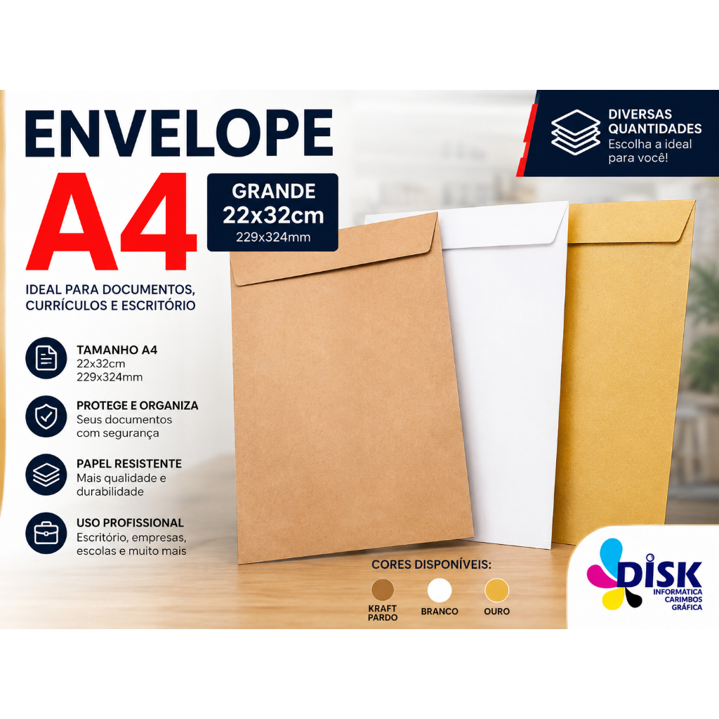 Envelope A4 Grande 22x32cm Kraft Pardo Branco Ouro para Documentos e Escritório