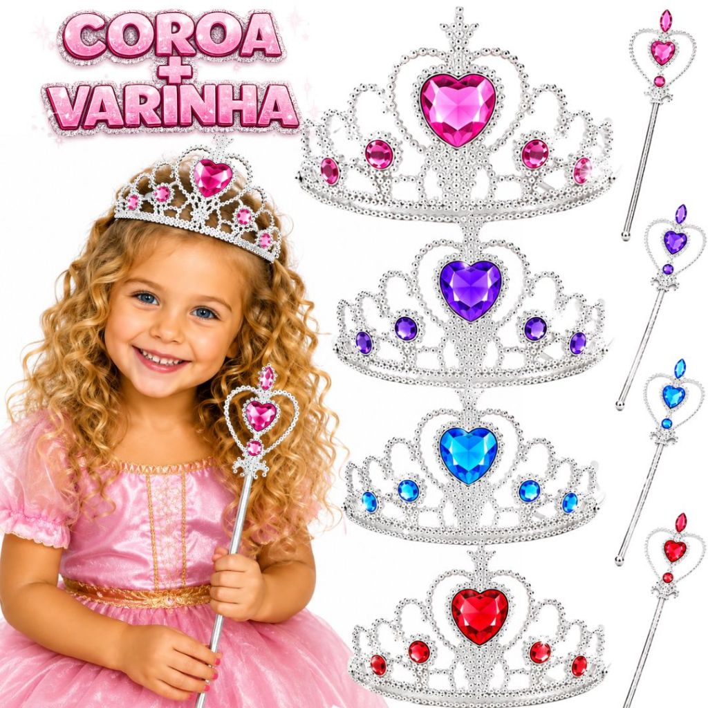 Kit Coroa e Varinha Magica Princesa Infantil Tiara Festa