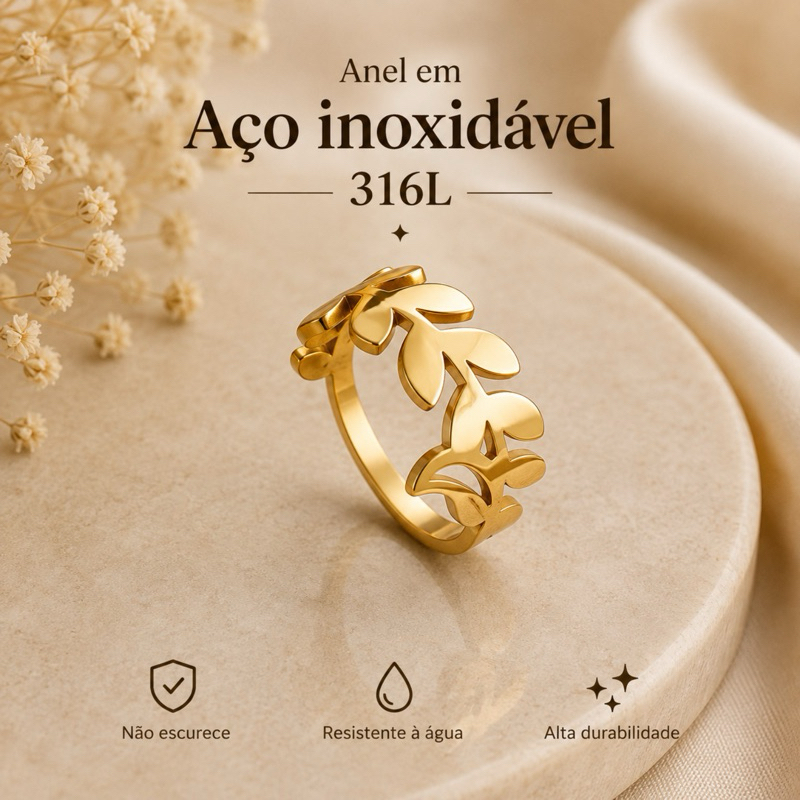 Anel Folha em Aço Inoxidável 316L | Estilo elegante e delicado - Dourado