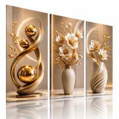 Quadros Decorativos Vasos de Flores Dourados Kit 3 PÇS | Abstrato Moderno Luxo para Sala Hall Escritório
