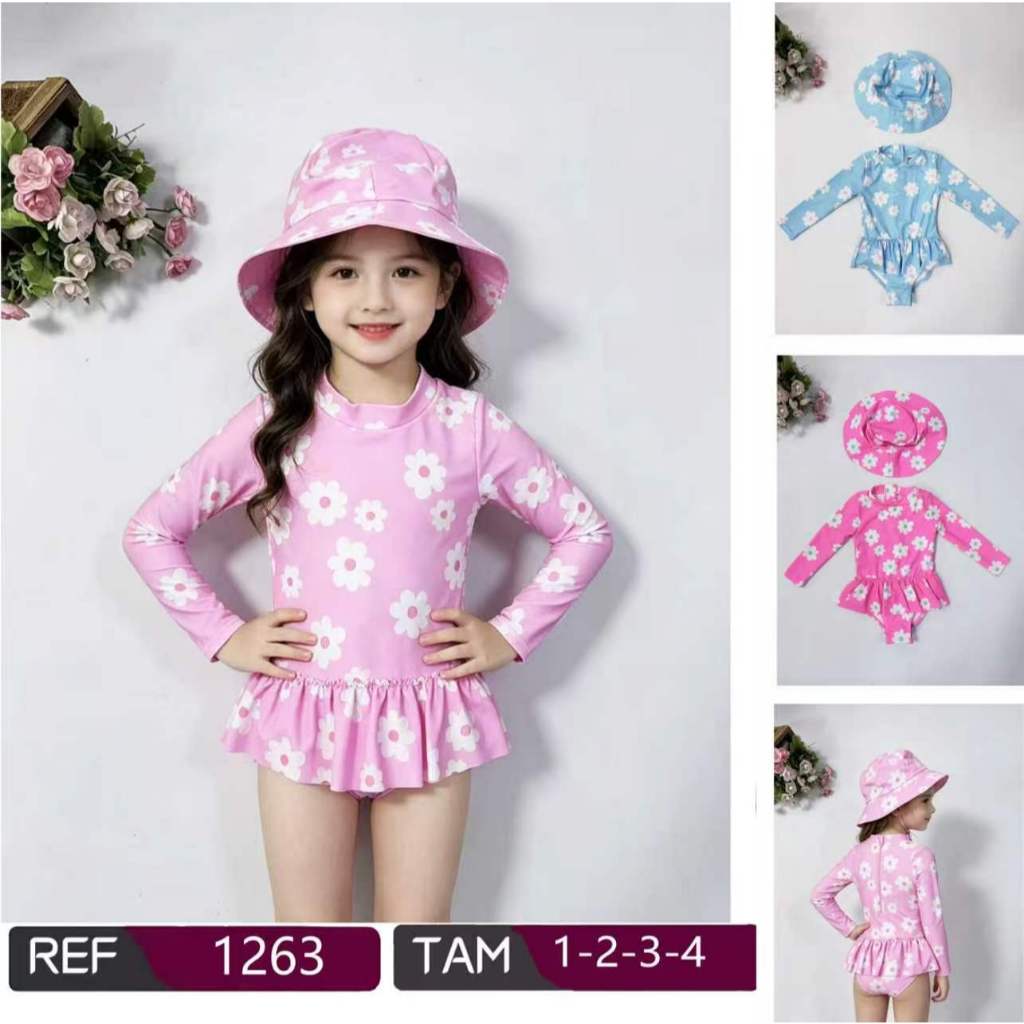 Maiô infantil Com Chapéu Manga Longa Menina Proteção Solar Uv 50 Maio-1263