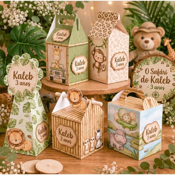 Kit Caixinhas tema Safari Personalizado para Aniversário Infantil Pegue e Monte