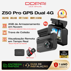 DDPAI Z50 Pro 4G Câmera Veicular Monitoramento Remoto 4K+1080P WiFi 5G 6 Integrado GPS IPS de 3'' Visão Noturna AI ISP