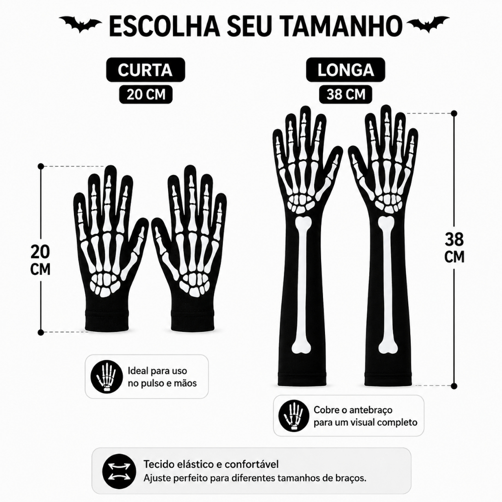 Par Luva Esqueleto Fantasia Halloween Curta/Longa Osso Caveira — imagem 2 de 2