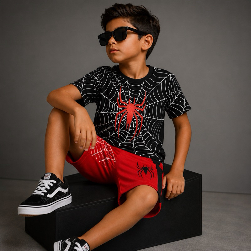 Conjunto Infantil Masculino Camiseta + Bermuda Aranha Estampada Estilo Urban