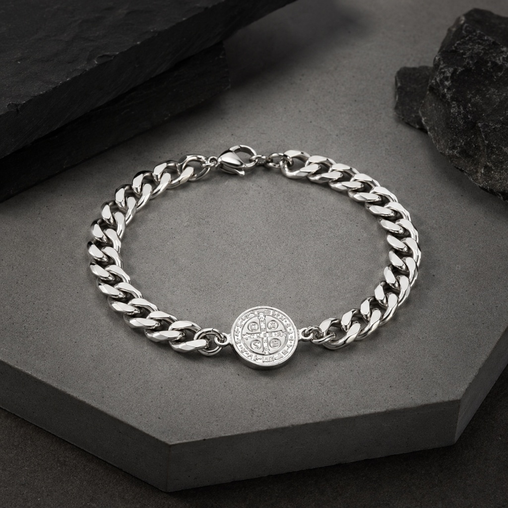 Pulseira Masculina São Bento Prata Aço Inoxidável Corrente Grumet Medalha Religiosa Proteção