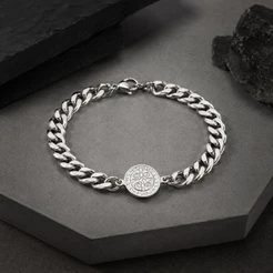 Pulseira Masculina São Bento Prata Aço Inoxidável Corrente Grumet Medalha Religiosa Proteção