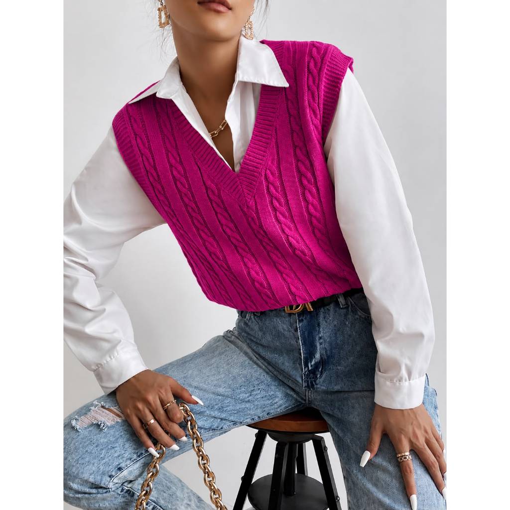 Pulover trança colete de tricô moda feminina blogueira