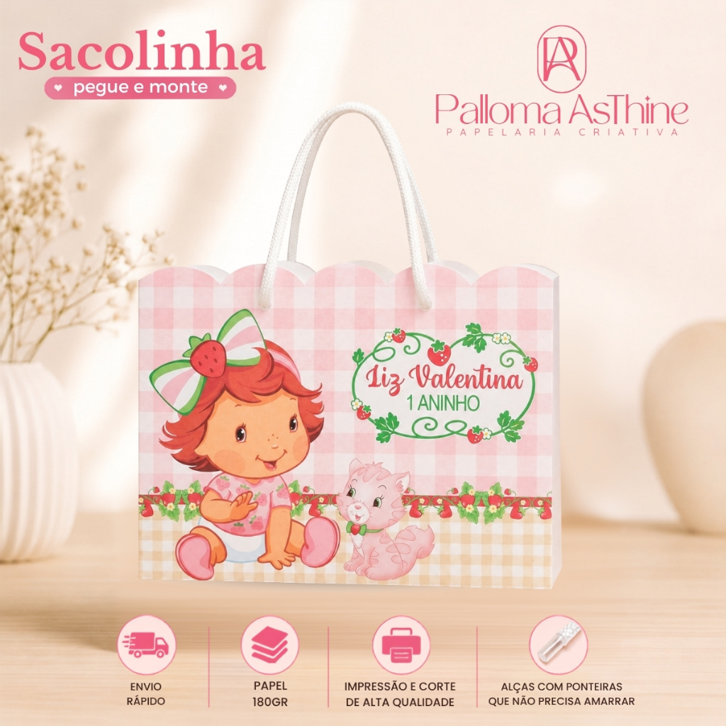 Sacolinha pegue/monte moranguinho baby lembrancinha personalizada aniversário 20x15x7cm