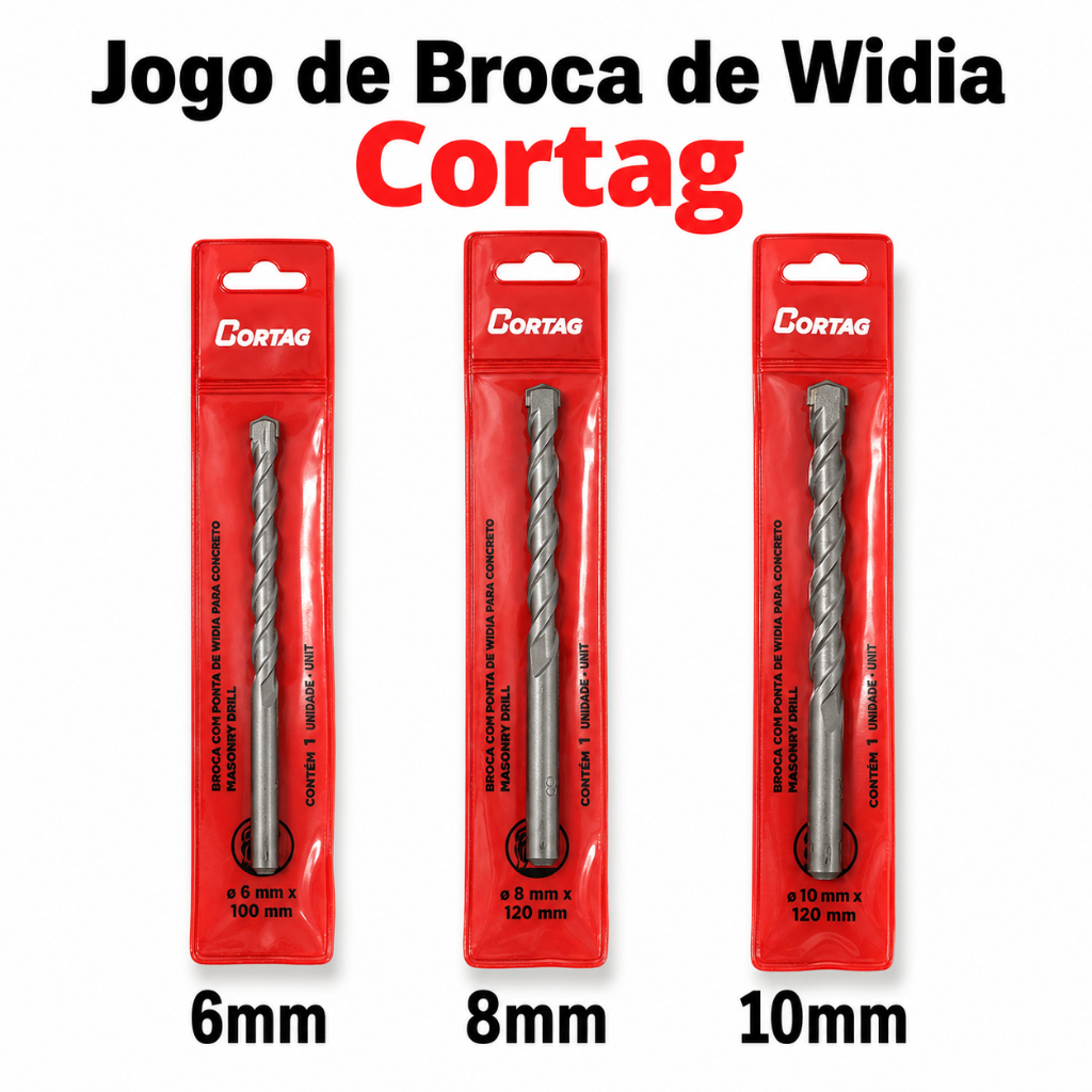 Jogo Broca de Widia Para Concreto 10mm 8mm e 6mm - Marca: Cortag