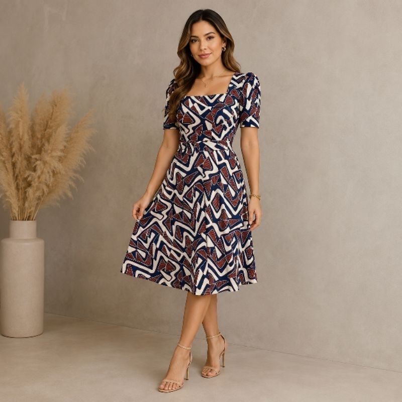Vestido Malha Canelada Decote Quadrado Godê Com Cinto Moda Elegante Básica