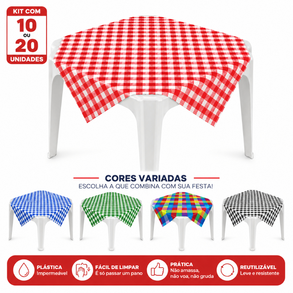 Kit 10 a 20 Toalhas de mesa Xadrez Plástica Cobre Manchas 78x78CM Festa Junina - ENVIO IMEDIATO