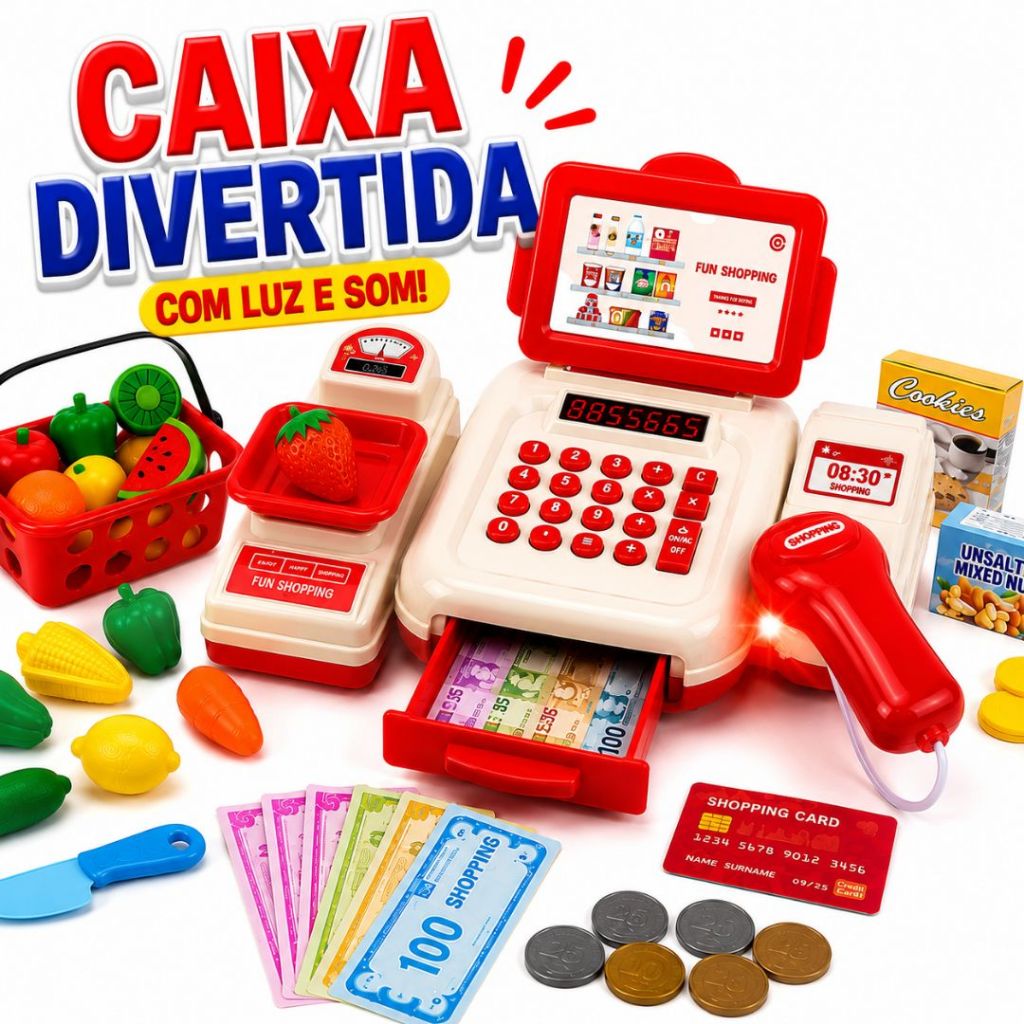 Caixa Registradora Infantil Brinquedo Com Luz Som Scanner Mercadinho Comprinhas Comidinhas Com Acessórios Inclusos