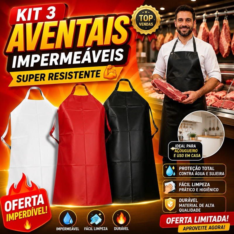 Kit 3 Avental Açougueiro Profissional Branco Vermelho Preto Cozinha Churrasco Impermeável