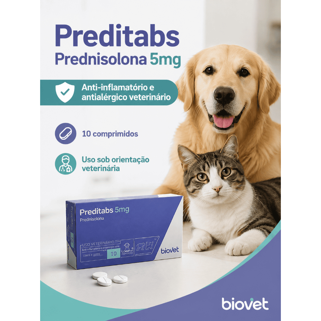 Preditabs Prednisolona 5mg Anti Inflamatório Cães Gatos Alergia Coceira 10 Comprimidos