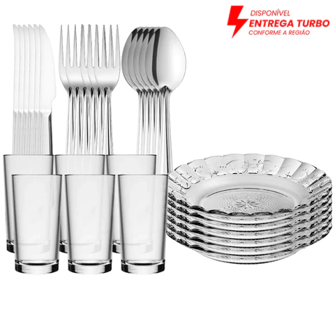 Aparelho de Jantar 30 Peças em Vidro Pratos Fundos  + Copos 225ml + Talheres Aço Inox
