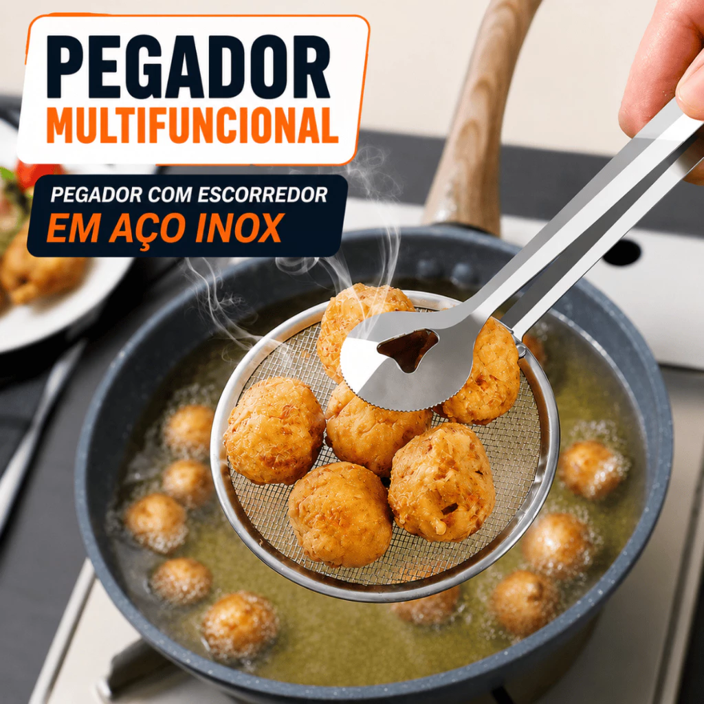 Pegador com Escorredor em Aço Inox Multifuncional para Frituras Alimentos Cozinha — imagem 1