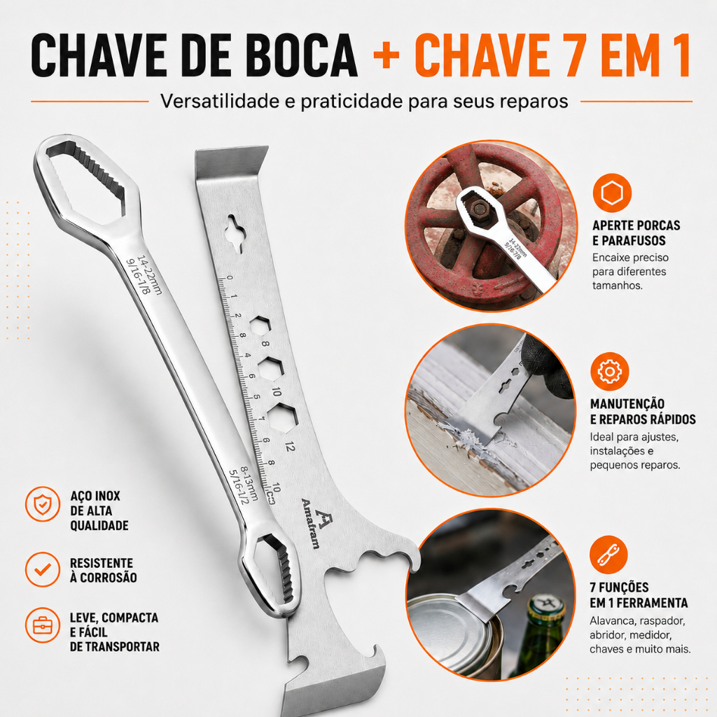 Kit Chave de Boca Universal 8–22mm + Chave Multifuncional 7 em 1 em Aço Inox para Reparos, Porcas e Parafusos