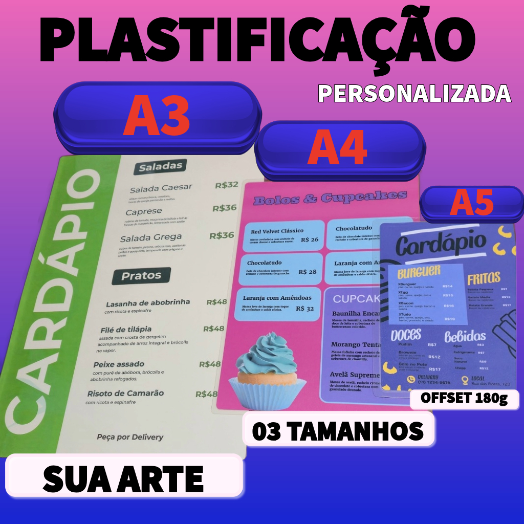 Cardápio ou Sua Arte Personalizada- Impresso e Plastificado A5/A4/A3 Fosco OFFSET 180g - Frente/Frente e Verso