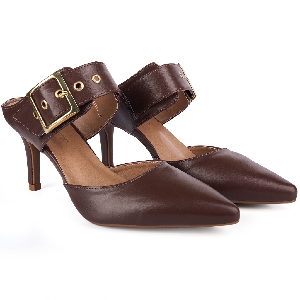 Scarpin Feminino Bico Fino Mule Salto 7,5 cm Detalhe Fivela Ilhós Elegante Festa Trabalho Luxo Confortável