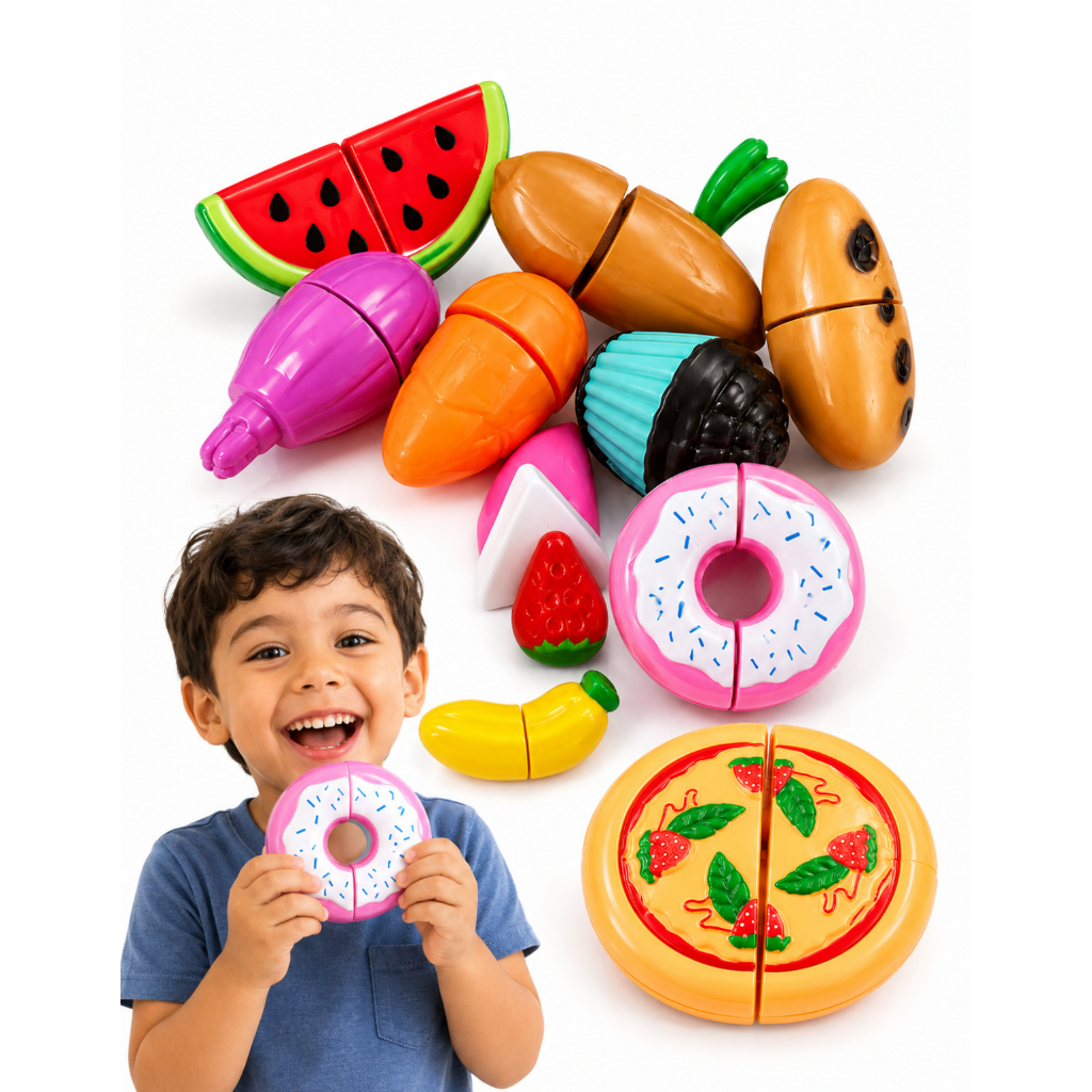 Kit Frutinhas Legumes de Brinquedo Com Velkro Cortar Faca Pizza Sorvete Doces Crec Crec 41Peças