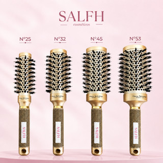 Escova Cabelo Térmica Cerâmica Profissional Nano Tecnologia Vazadas Cerdas Mistas Javali Nylon Dourada