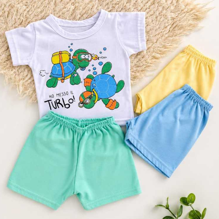 Conjunto Infantil Menino Camiseta 100% Algodão Estampa Tartaruga + Short Confortável